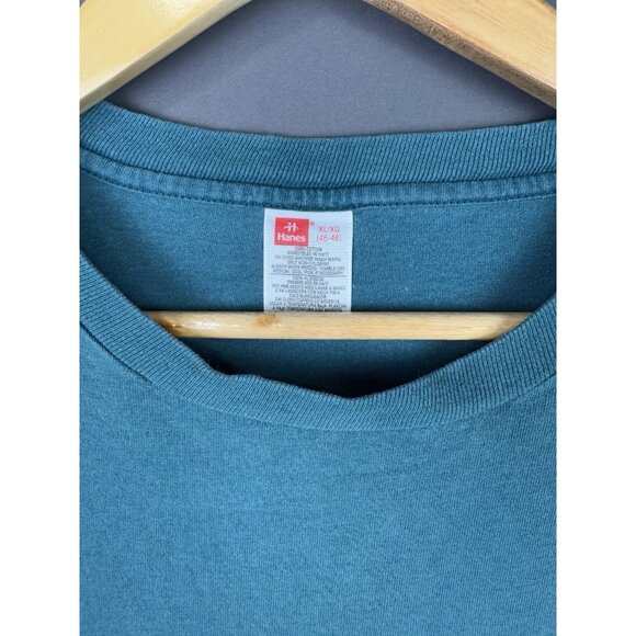 Vintage 90's Hanes Blank Pocket Shirt Teal Single Stitch Fade Design Streetwear - Picture 5 of 11